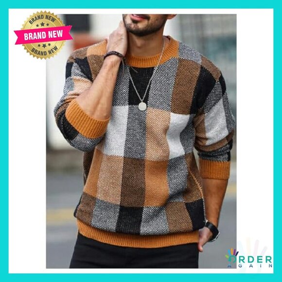 Color Block Plaid Pullover Sweater Long Sleeve Crew Neck Classic Preppy - Picture 5 of 7